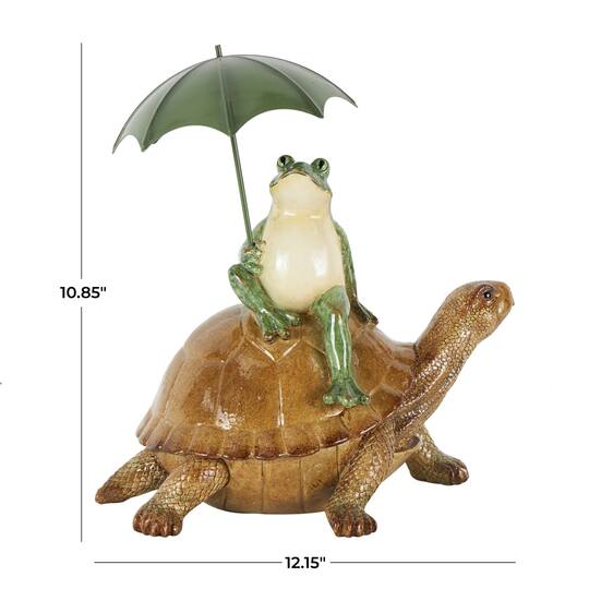 12" Bronze Sitting Frog Sculpture with Umbrella & Brown Walking Turtle